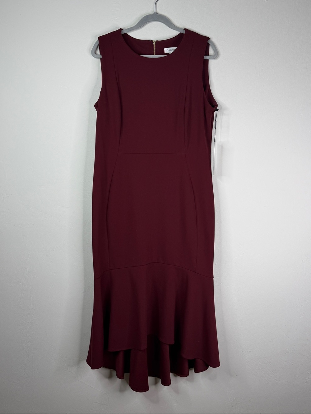 Calvin Klein NWT Burgundy Flounce Hem Midi Dress Size 14 Gold Zipper